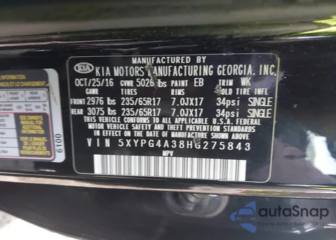 2017 Kia Sorento 2.4L L из США, поврежденный, VIN 5XYPG4A38HG275843